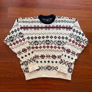 Lake Harmony Mens Fair Isle Sweater Large Cream Cotton Knit Vintage Made in USA